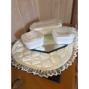 Vintage Fire King Milk White Glass Square 4" Set Of 2 W/lids & Loaf Pan With Lid